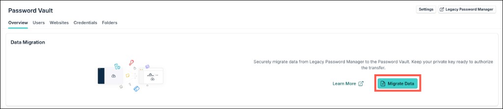 A screenshot highlighting the Migrate Data button in the Data Migration tile.