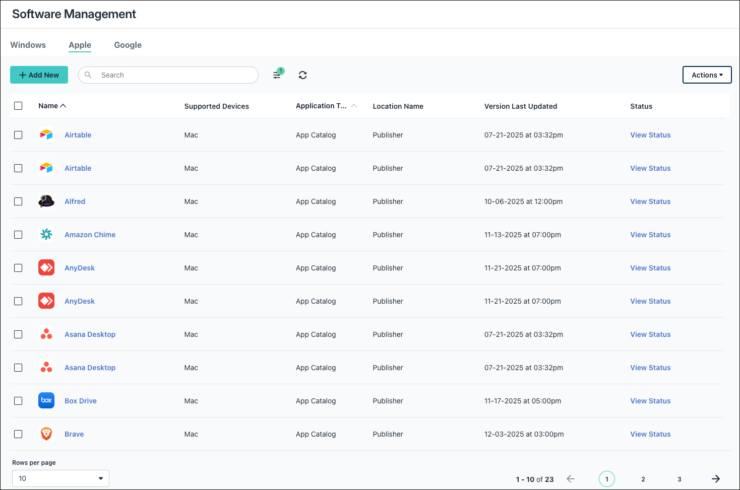 JumpCloud Software Management Apple tab list of applications.