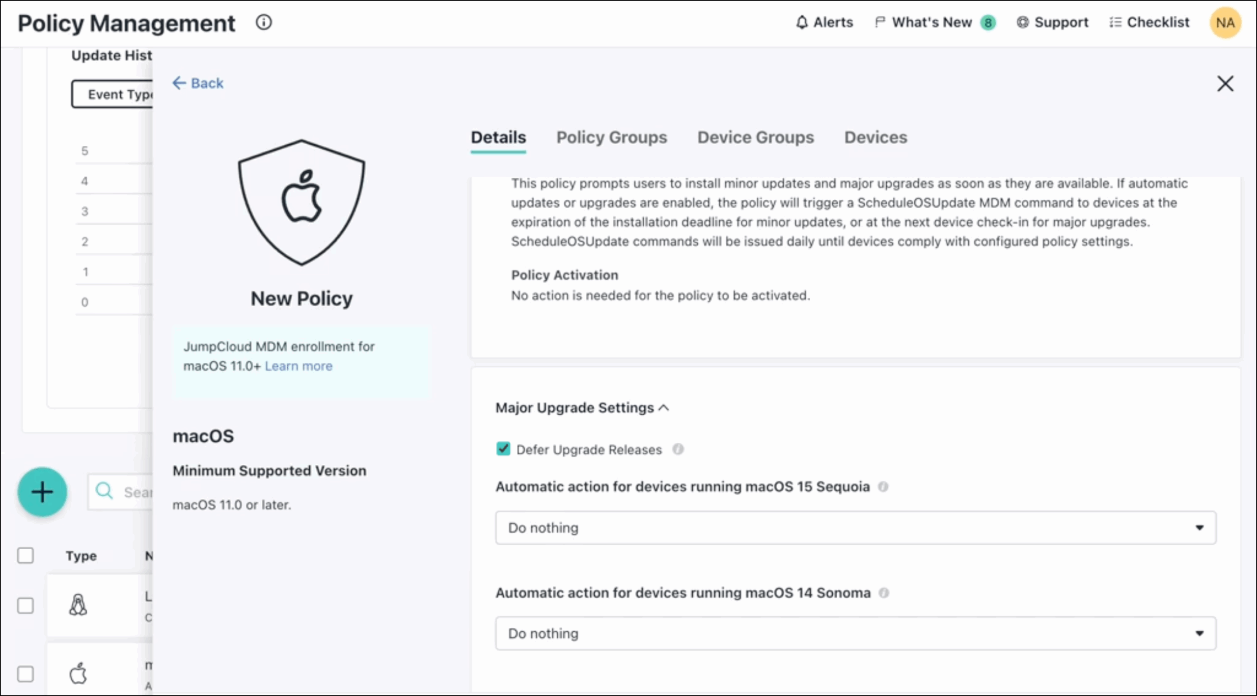 Configuring JumpCloud Patch Management for macOS to Defer Upgrade Releases.