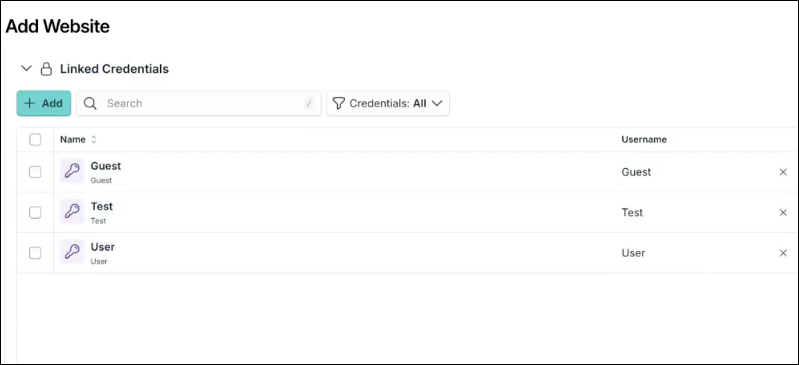 Add Website screen showing Linked Credentials