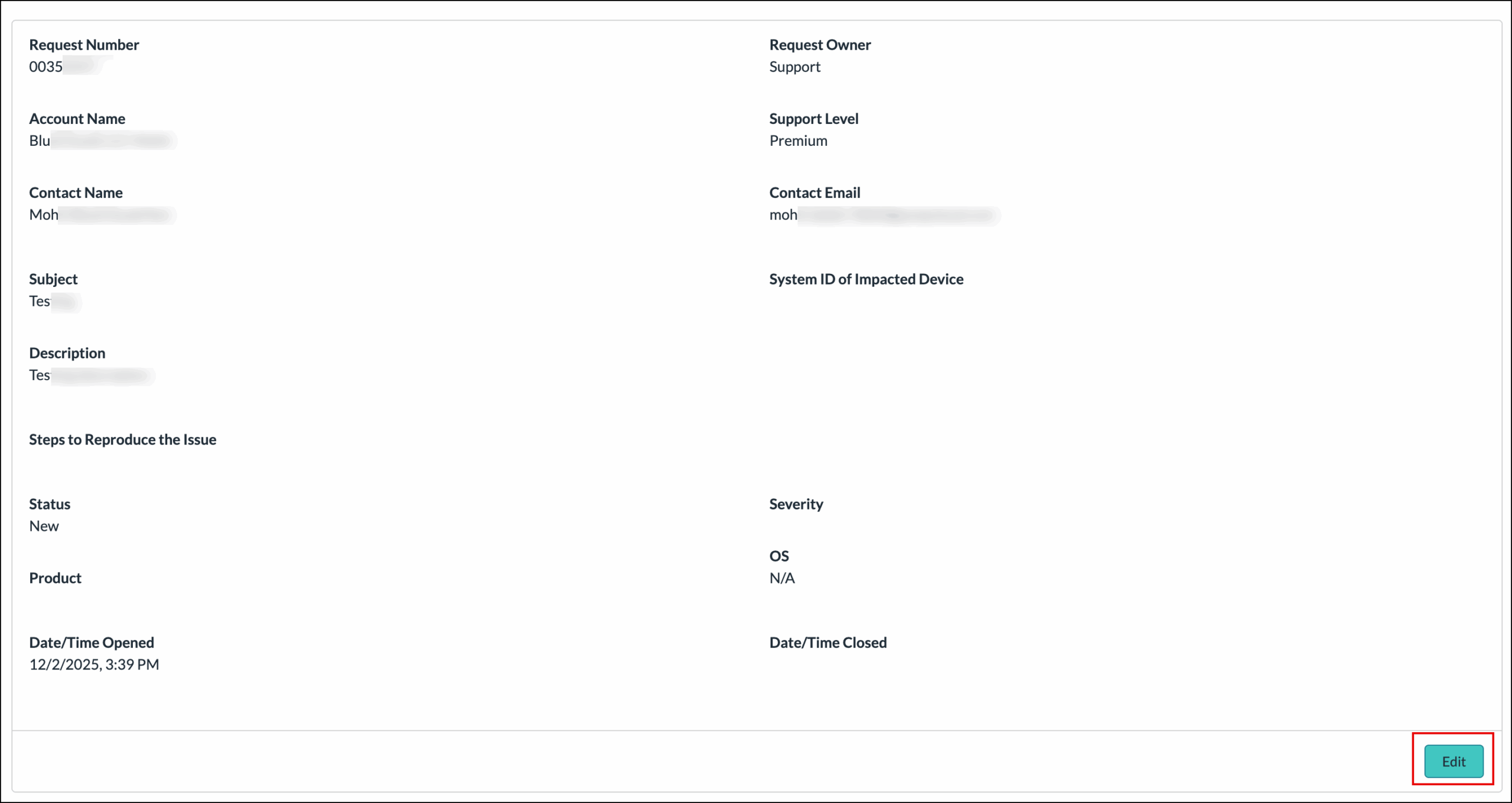 Request details page with an Edit button highlighted.