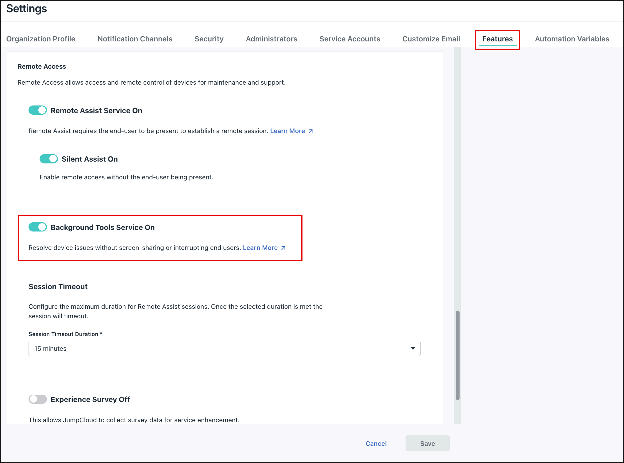 JumpCloud Admin Portal Features settings page showing the Background Tools Service toggle enabled.