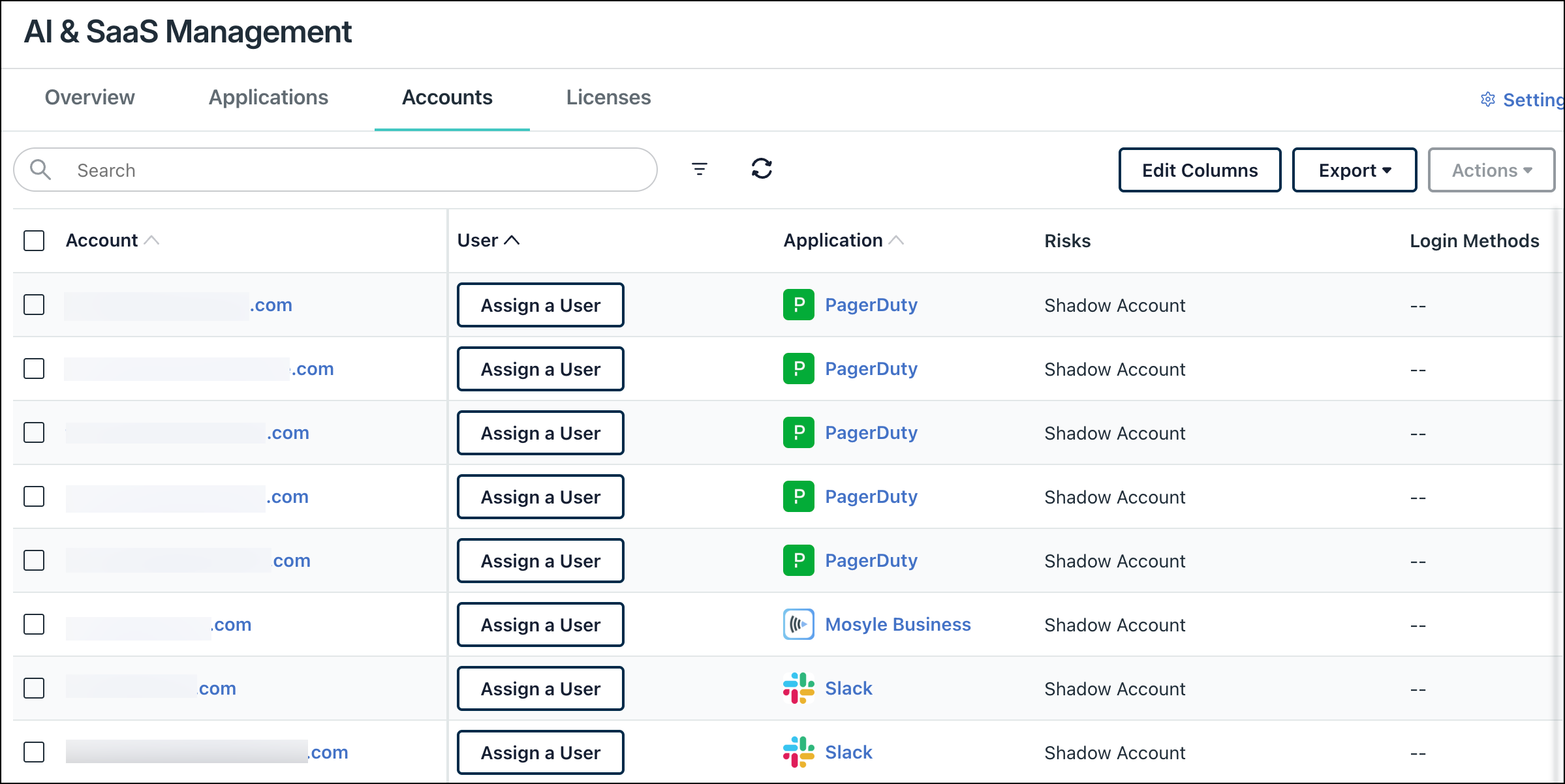JumpCloud AI & SaaS Management Accounts tab showing a list of shadow accounts for applications like PagerDuty, Mosyle Business, and Slack, all requiring a JumpCloud user to be assigned.