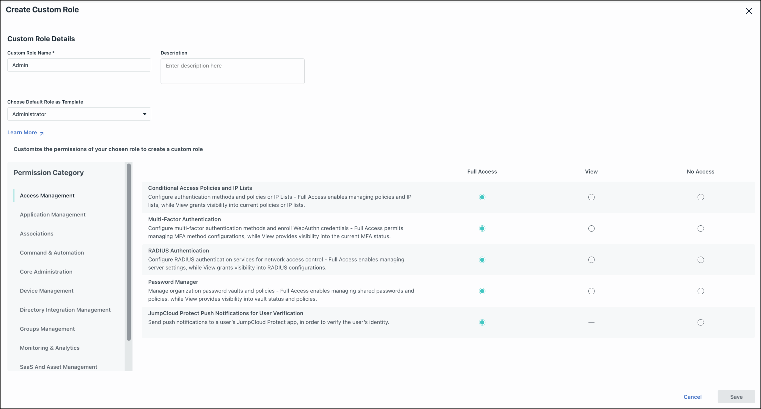 The Create Custom Role configuration panel showing fields for role name, description, and a template selector.