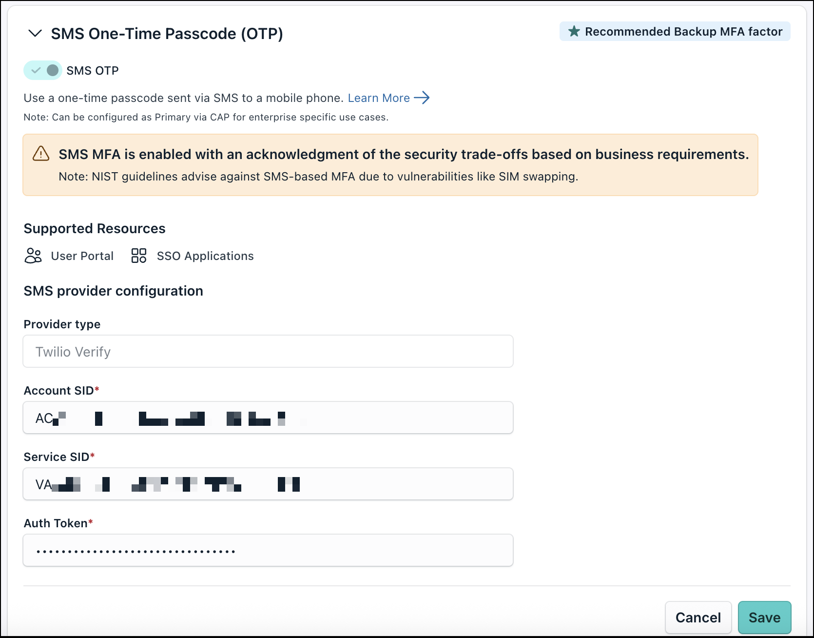 A screenshot showing SMS MFA settings