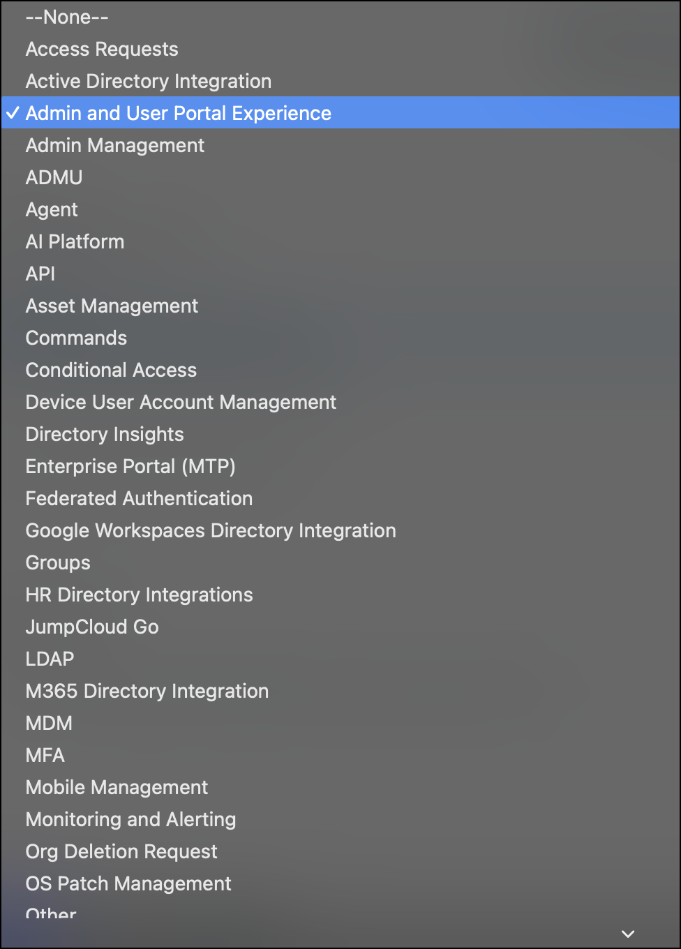 Dropdown menu showing various feature categories like API and MDM.
