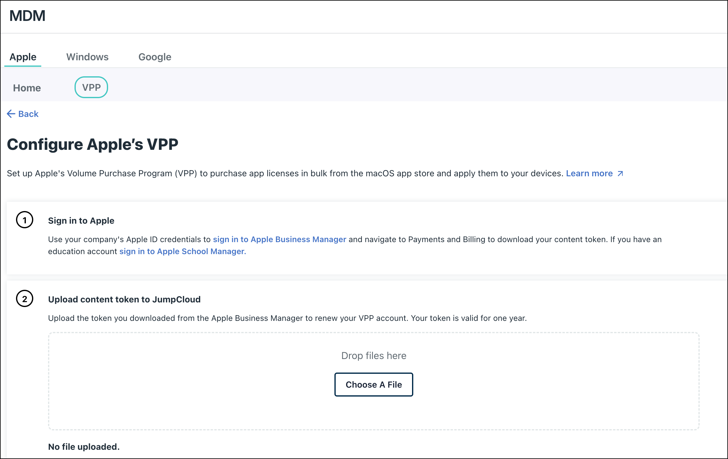 JumpCloud MDM Configure Apple's VPP screen for uploading a content token