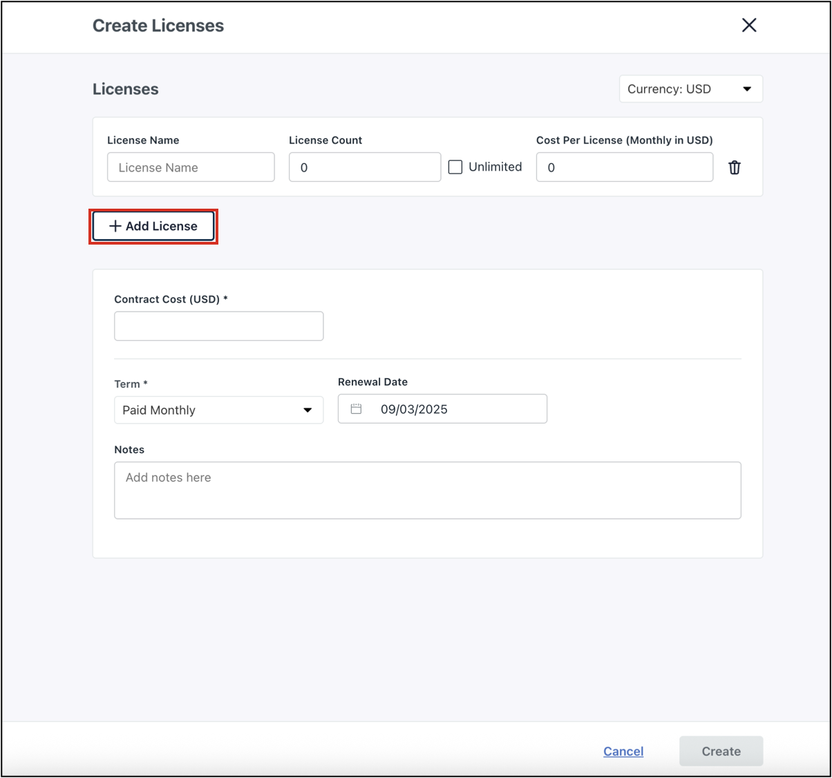 Create Licenses page