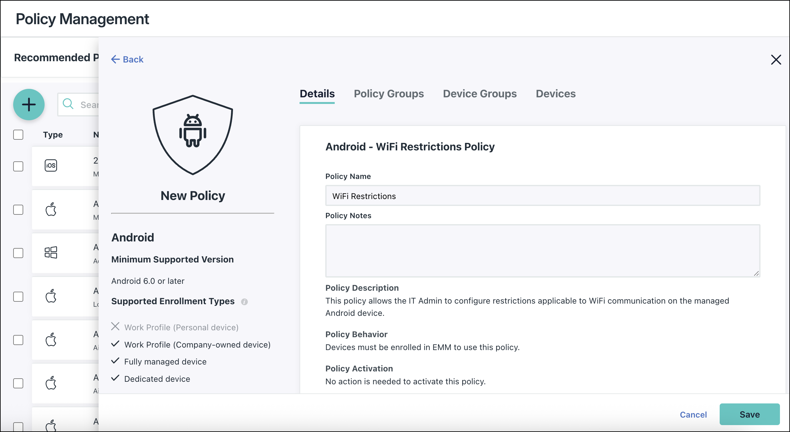 A screenshot showing the WiFi Restrictions policy in JumpCloud Admin Portal.