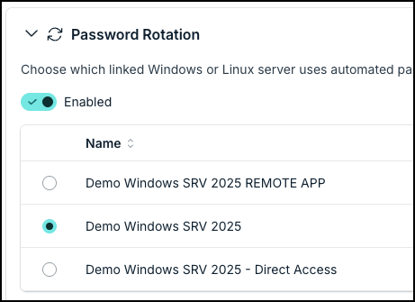 Password Rotation card with Enabled turned on