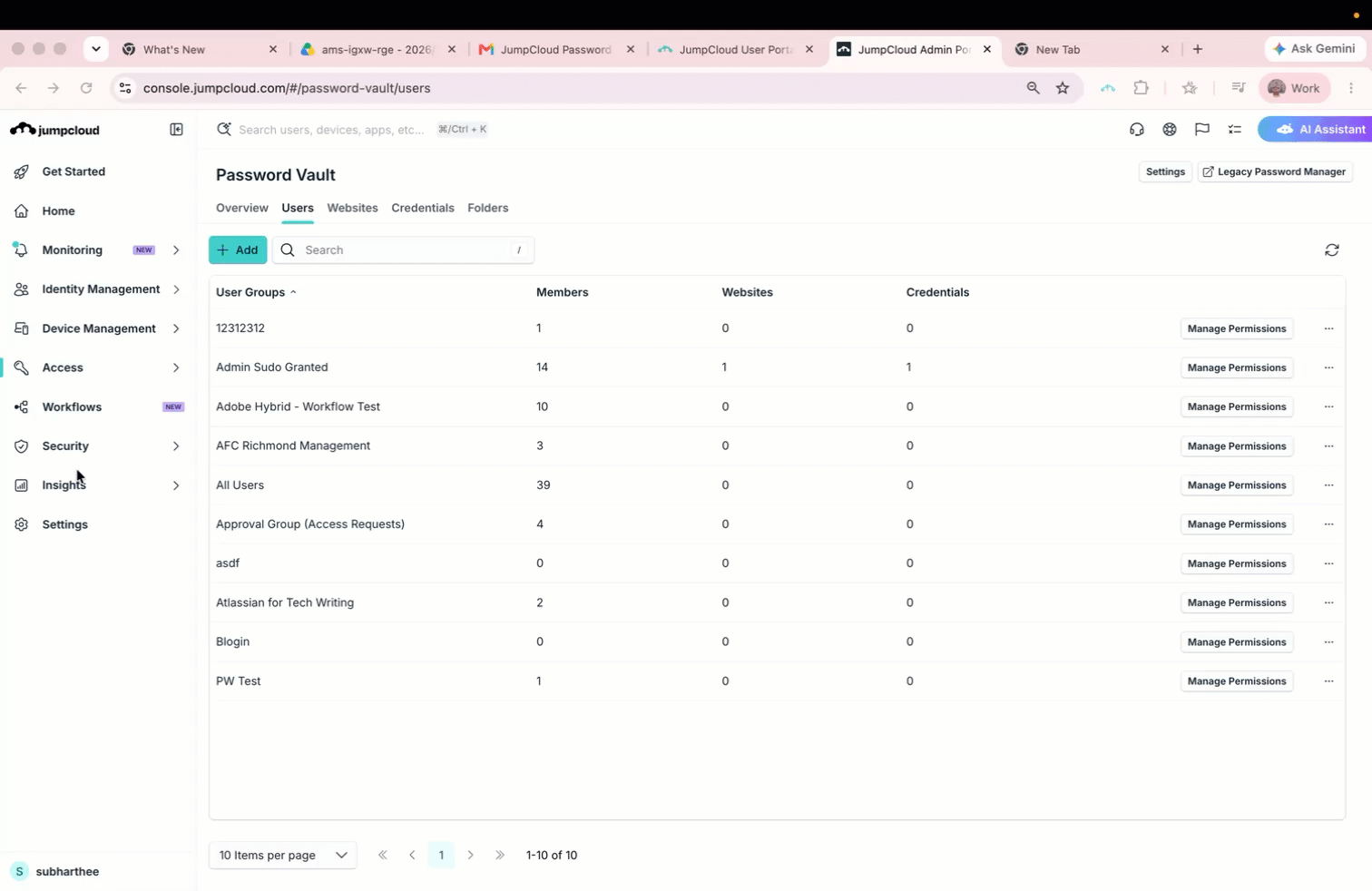 Managing permissions for a user group in Password Vault