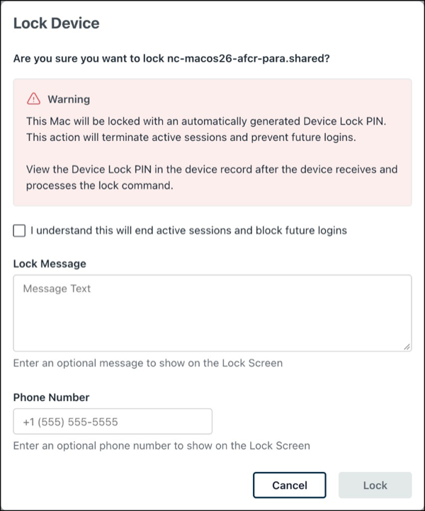 Lock Device dialog in the JumpCloud Admin Portal for a Mac, showing the automatic Device Lock PIN warning, acknowledgment checkbox, and optional Lock Message and Phone Number fields.