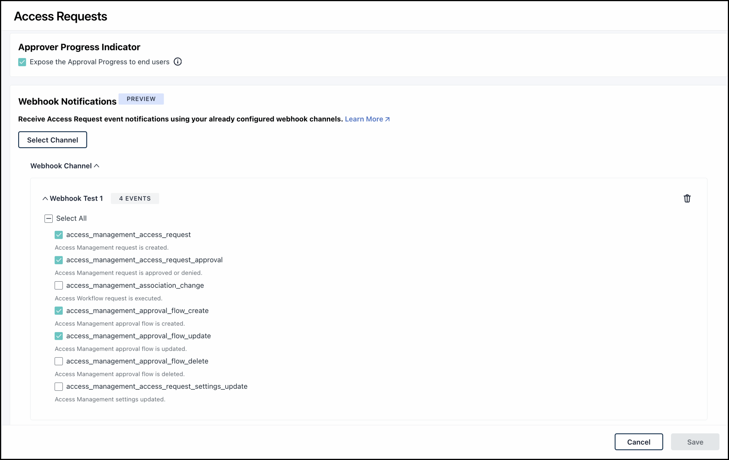 This displays the Webhook setup in Access Requests Settings.