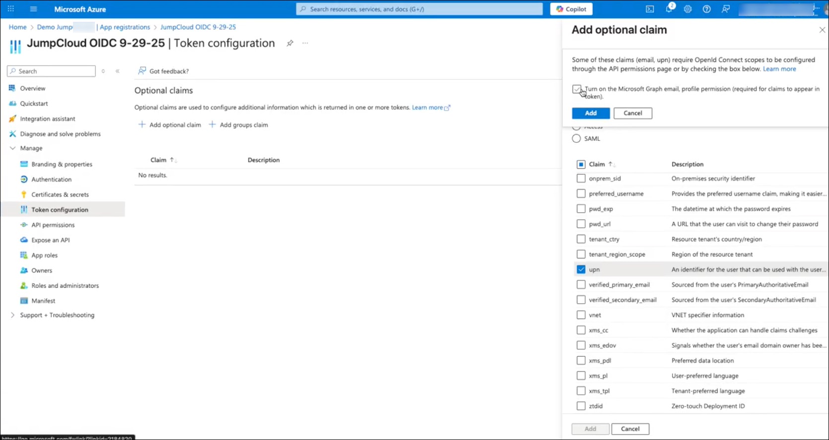Configuration the token and adding optional claims to the JumpCloud OIDC config in Entra / Azure portal.
