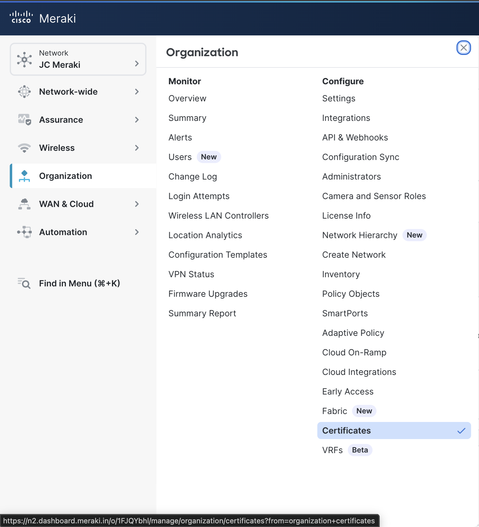 Cisco Meraki Organization menu with Certificates highlighted under Configure.