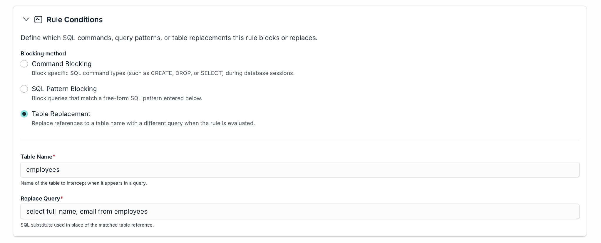 Table Replacement rule with a replace query