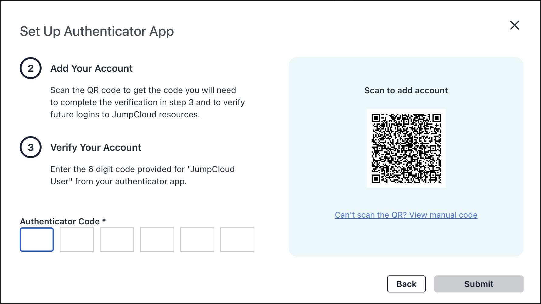 A pop-up window showing steps to set up authenticator app and a QR code.