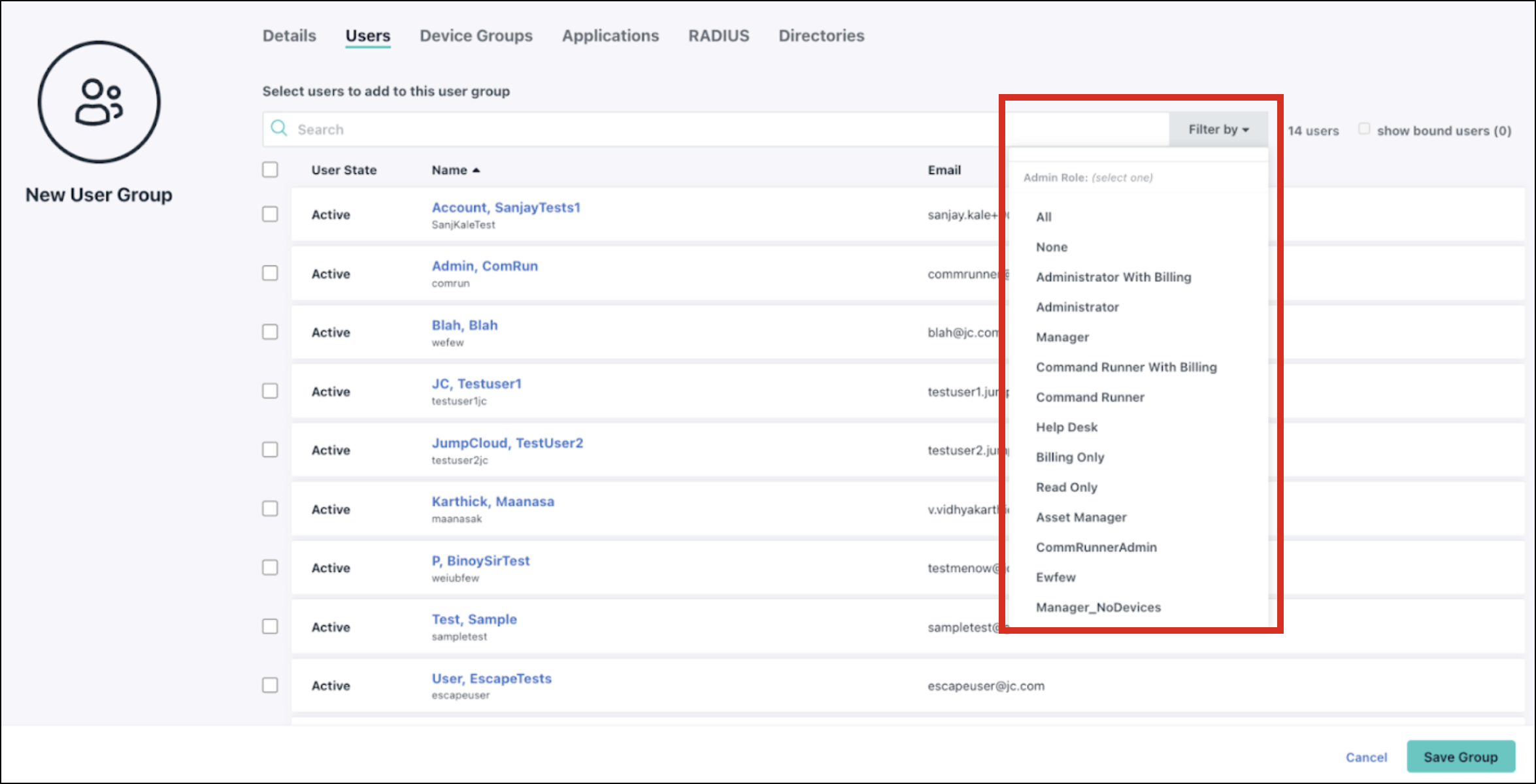 A screenshot showing filters for users in JumpCloud Admin Portal.