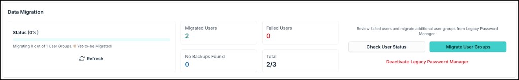 A screenshot showing Data Migration status and actions in the JumpCloud Admin Portal.
