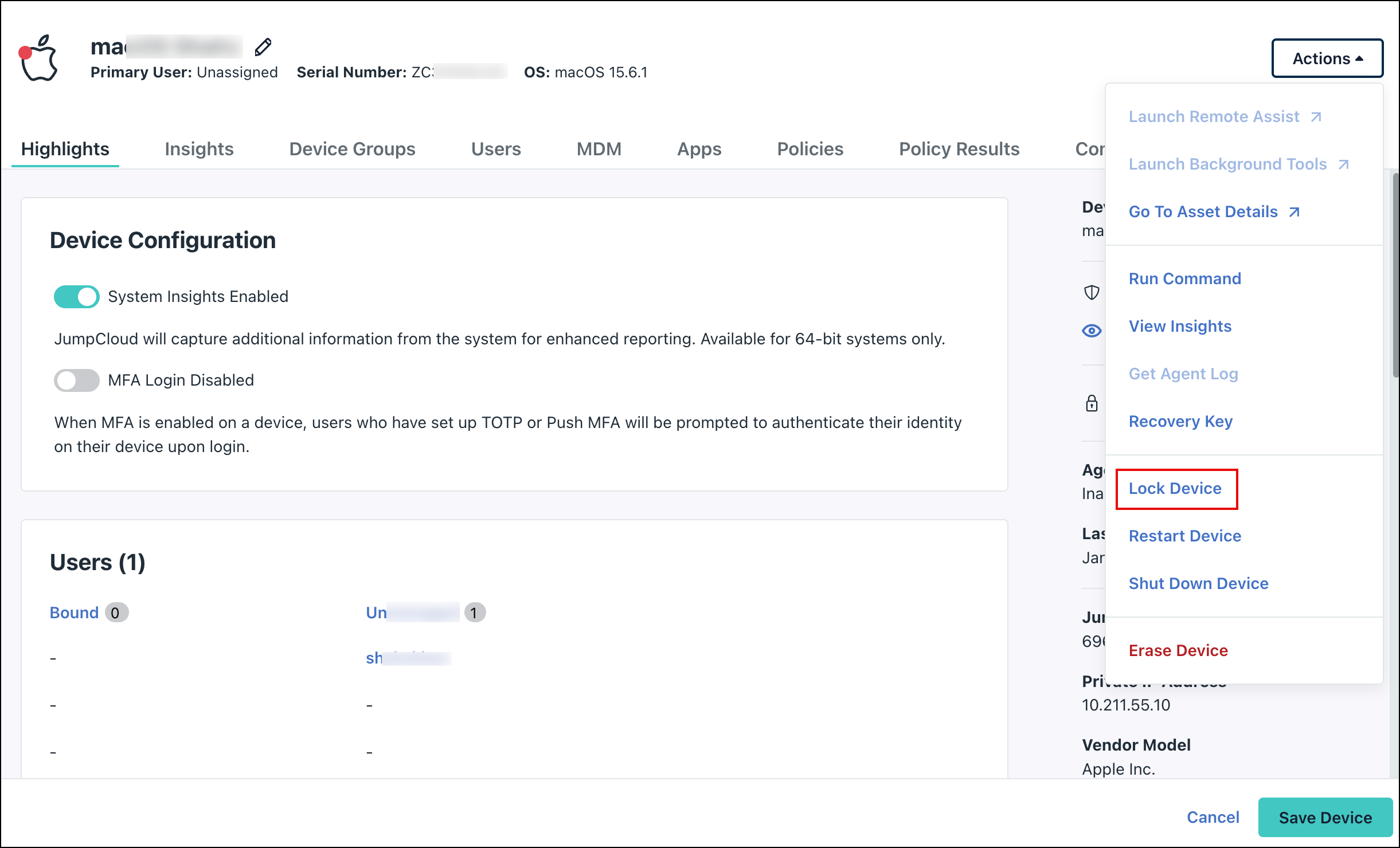 macOS device page in the JumpCloud Admin Portal with the Actions menu open and "Lock Device" highlighted in a red box.
