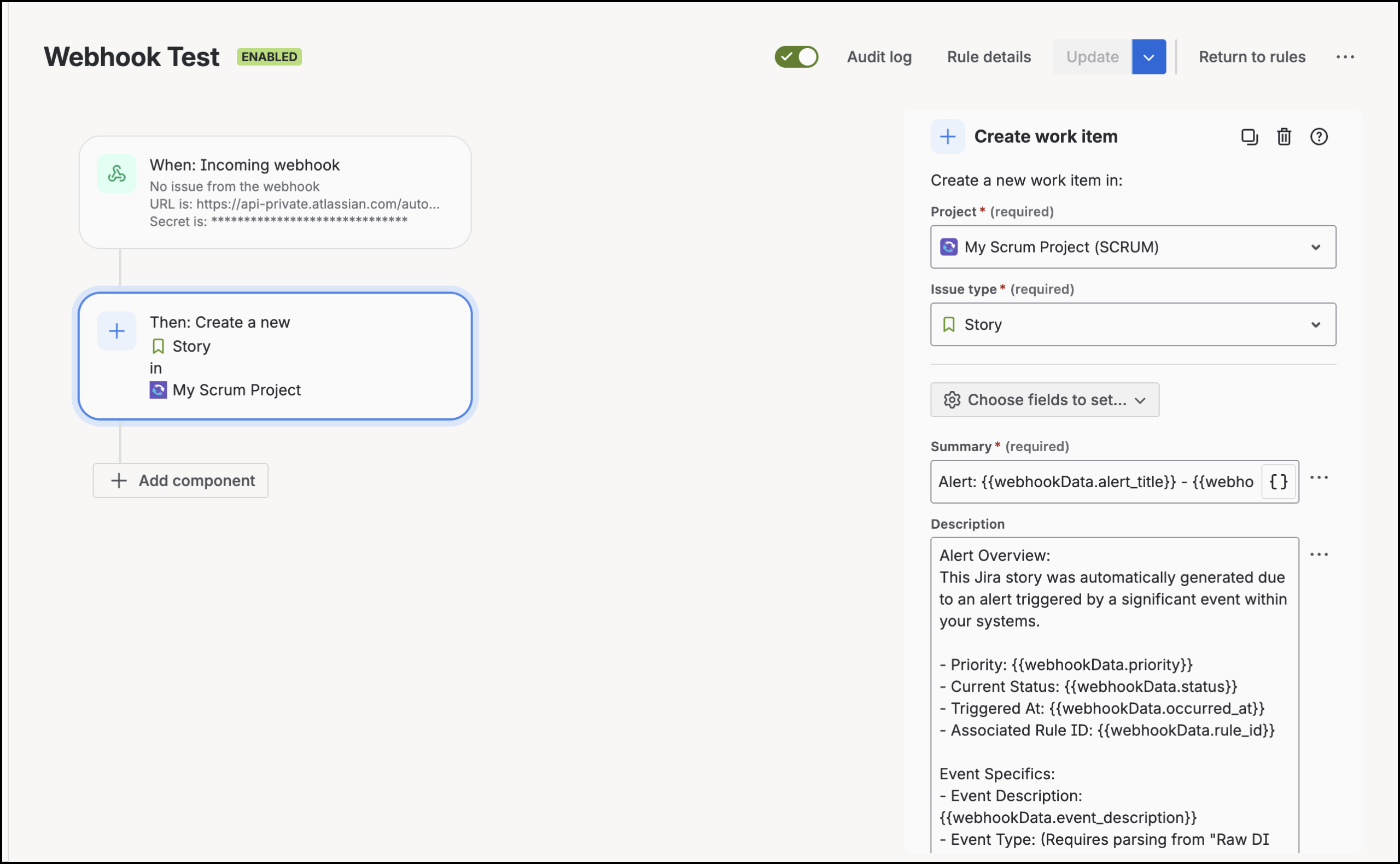 This image displays the webhook integration rule setup in JIRA.