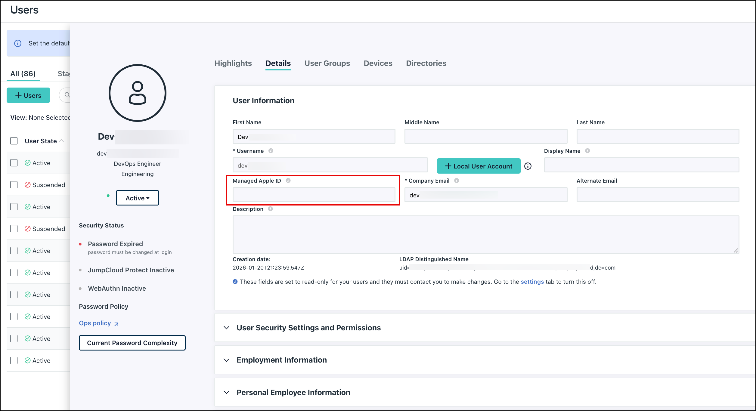 JumpCloud User Details panel highlighting the Managed Apple ID field within the User Information section.