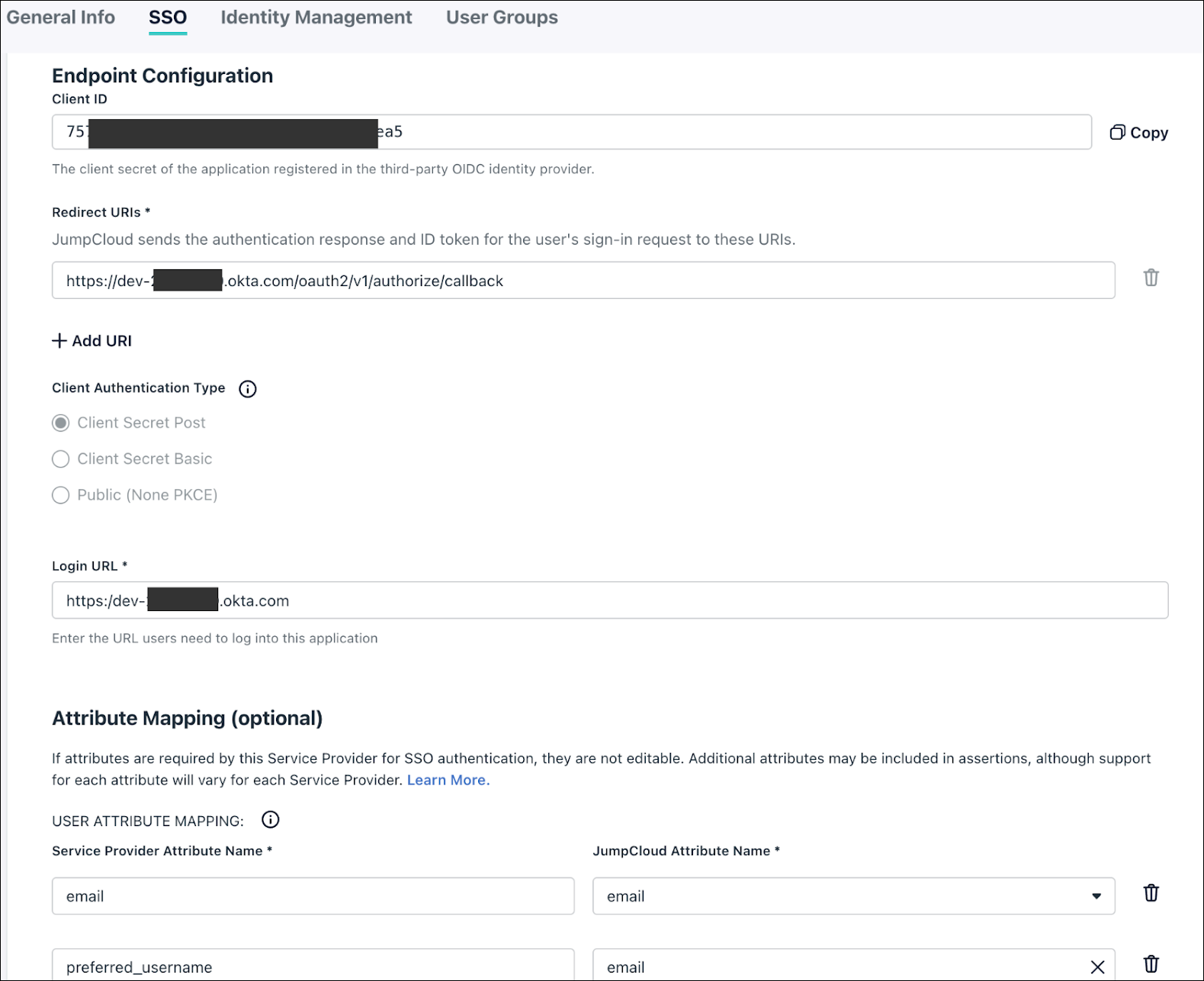 Configuring the Okta SSO OIDC app in the JumpCloud Admin Portal.