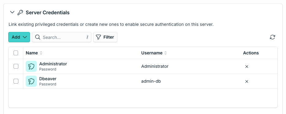 Server Credentials card with the Add button