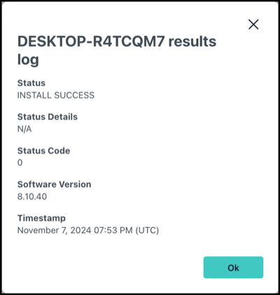 Command results log showing status details, code, and timestamp.