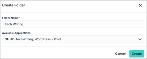 Create Folder dialog with Folder Name and Available Applications fields