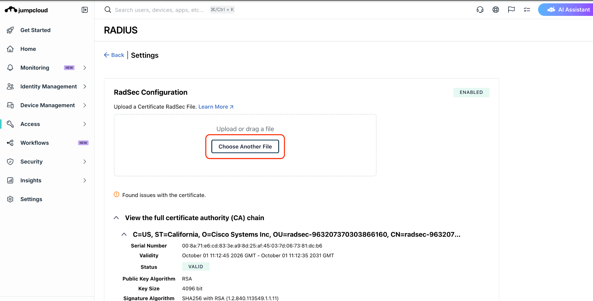 RadSec Configuration window with Choose Another File highlighted.