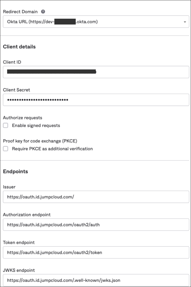 Add JumpCloud as an Authenticator Identity Provider in the Okta console.