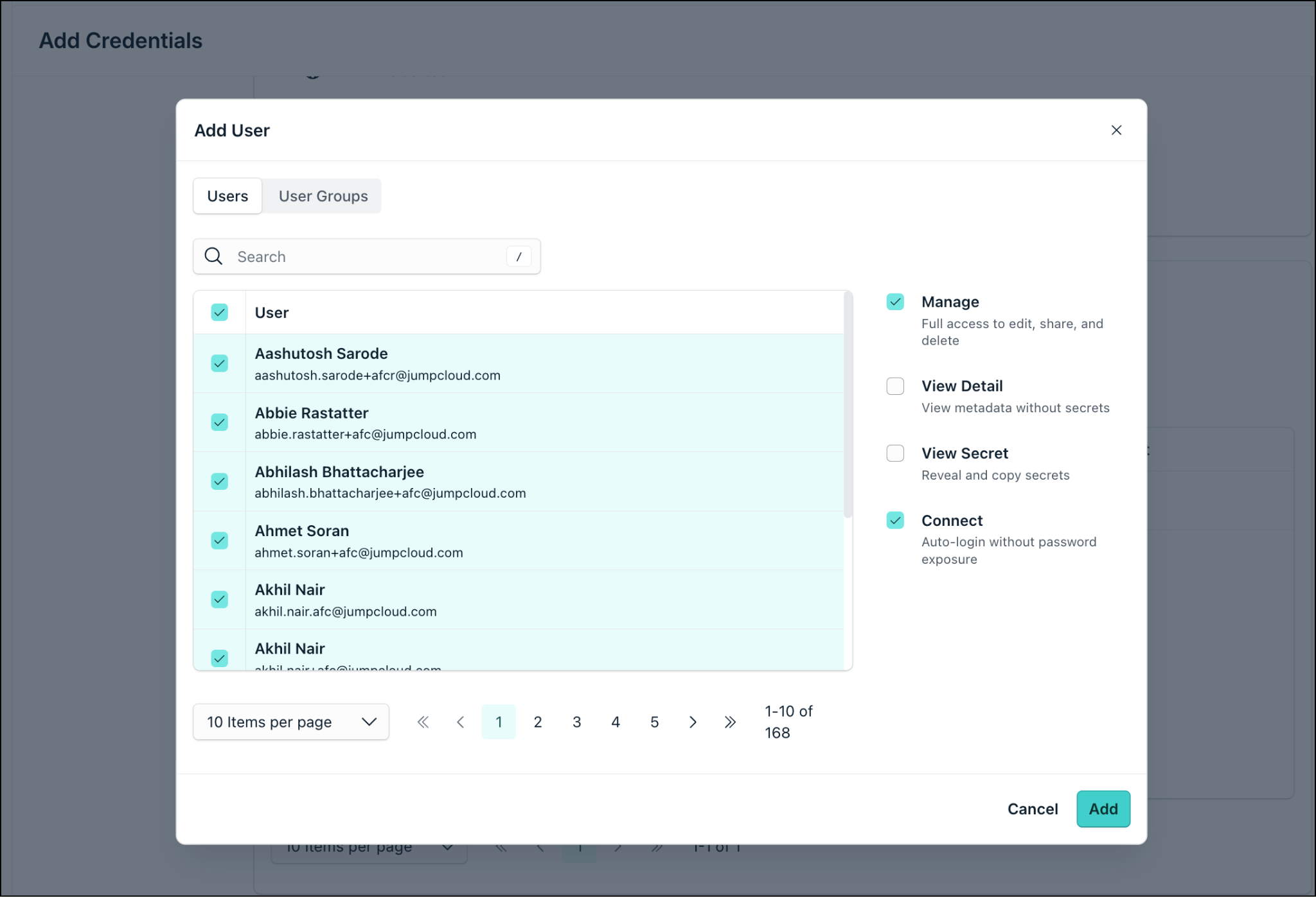 Add User screen for sharing a credential and assigning permissions