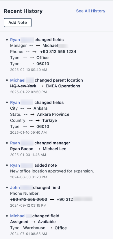 Recent asset history showing modifications to a device in JumpCloud Asset Management.