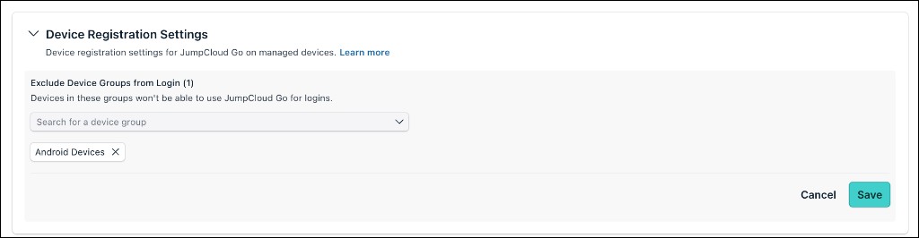 This image displays the Device Registration Settings panel with Exclude Device Groups from Login.