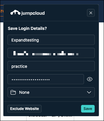 A screenshot showing the Save Login Details pop-up in JumpCloud Go