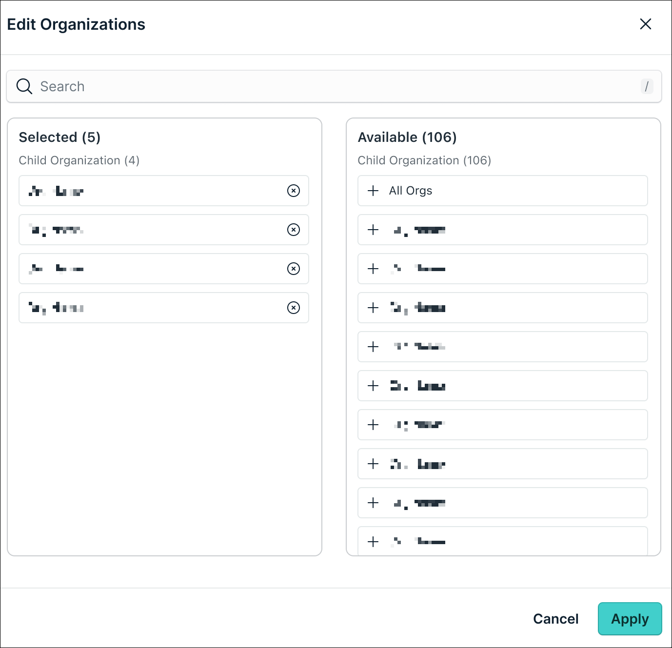 A screenshot showing organization selection for a service account in the multi-tenant portal.