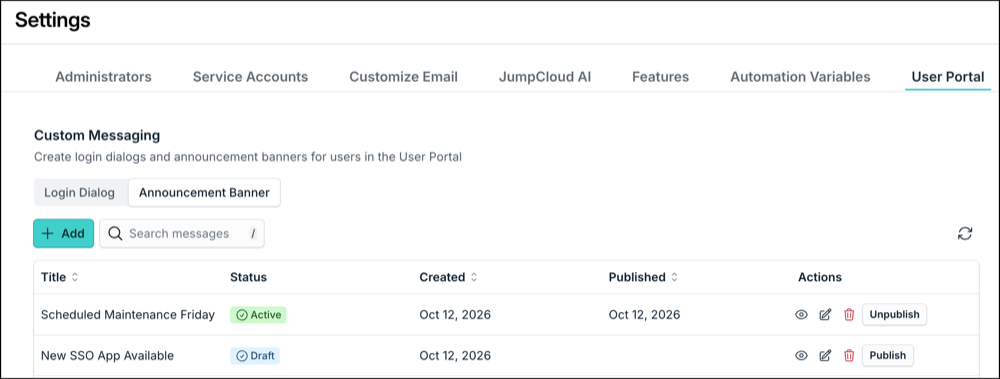 Custom Messaging Announcement Banner tab in Settings showing the message list