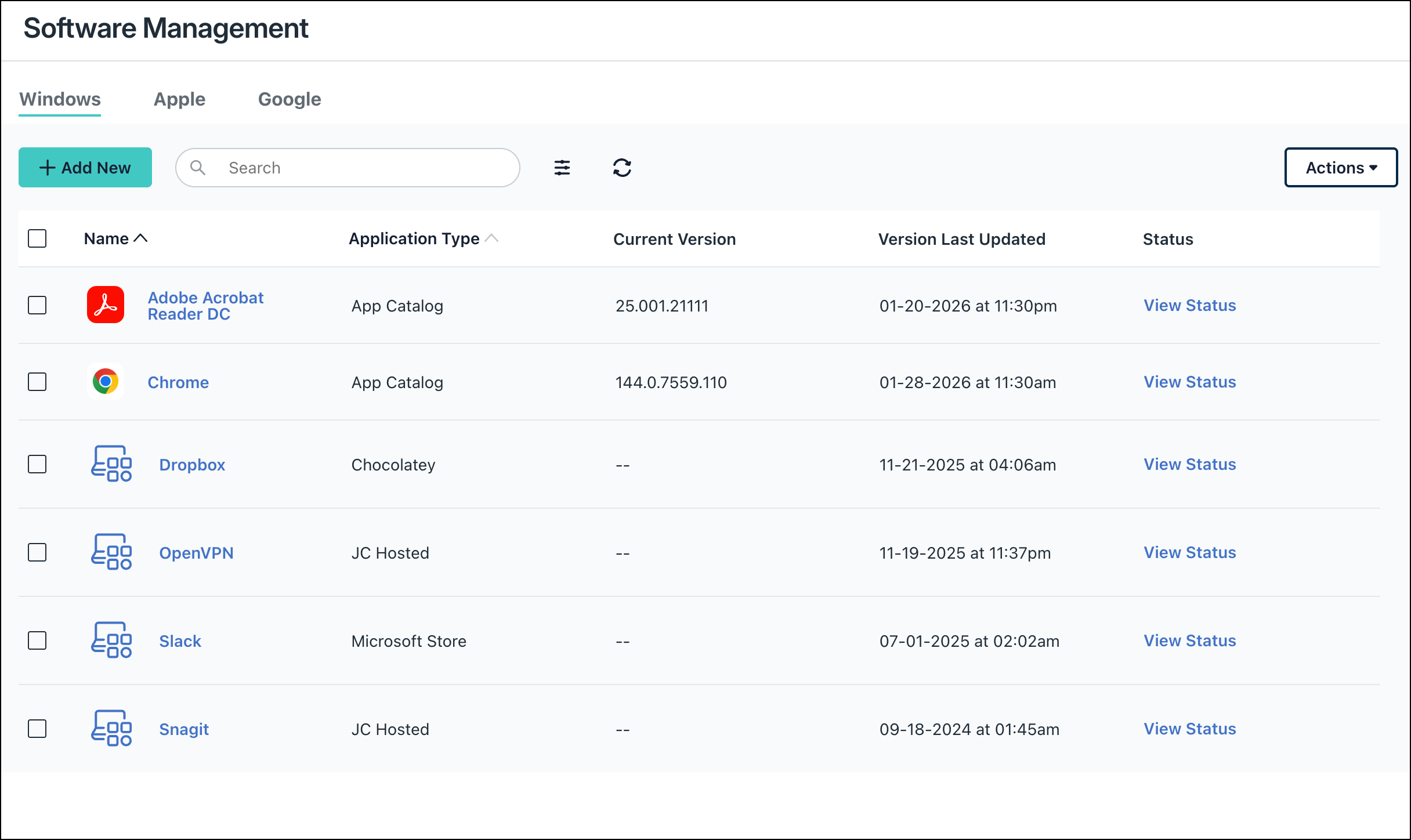 JumpCloud Software Management list view showing Windows applications, their application types, current versions, and status links.
