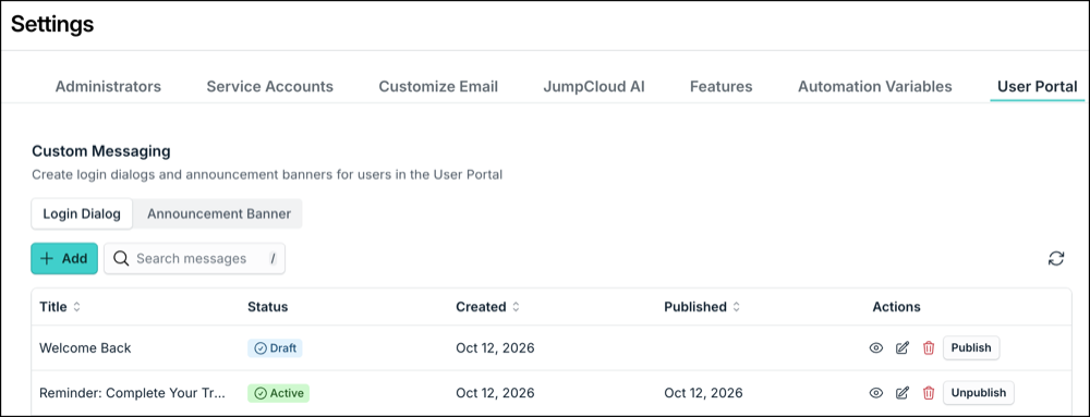 Custom Messaging Login Dialog tab in Settings showing the message list