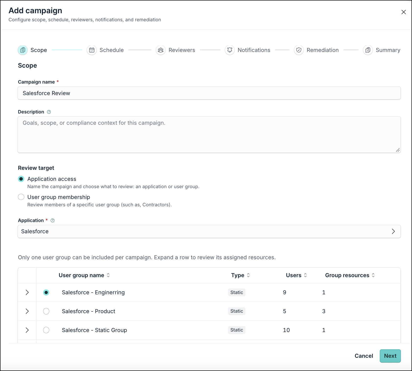 Campaign creation wizard Scope step