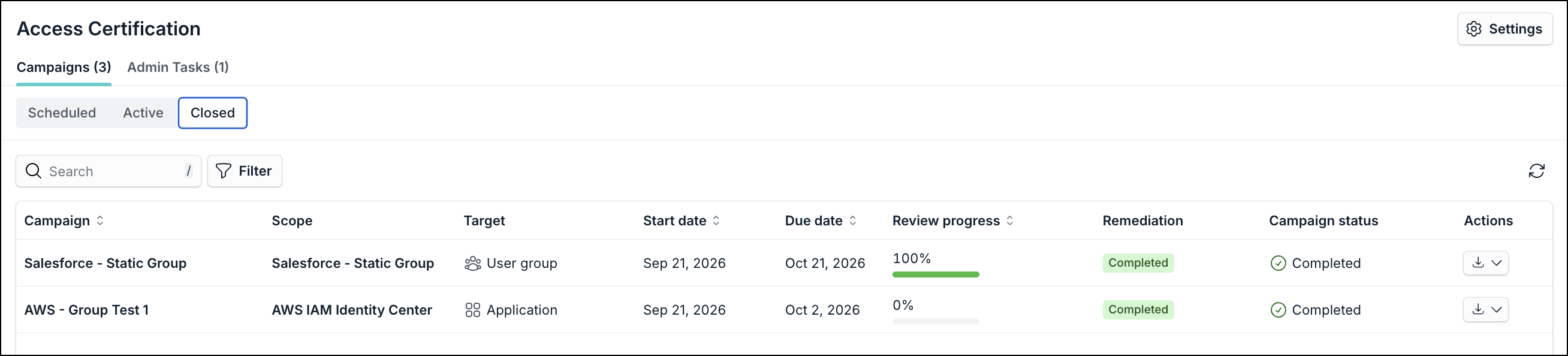 Access Certification Closed tab