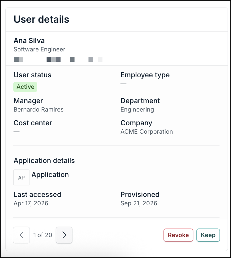 Identity side panel with user details
