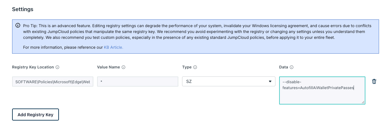 Example of Advanced Custom Registry Keys policy values for WebView2 AdditionalBrowserArguments