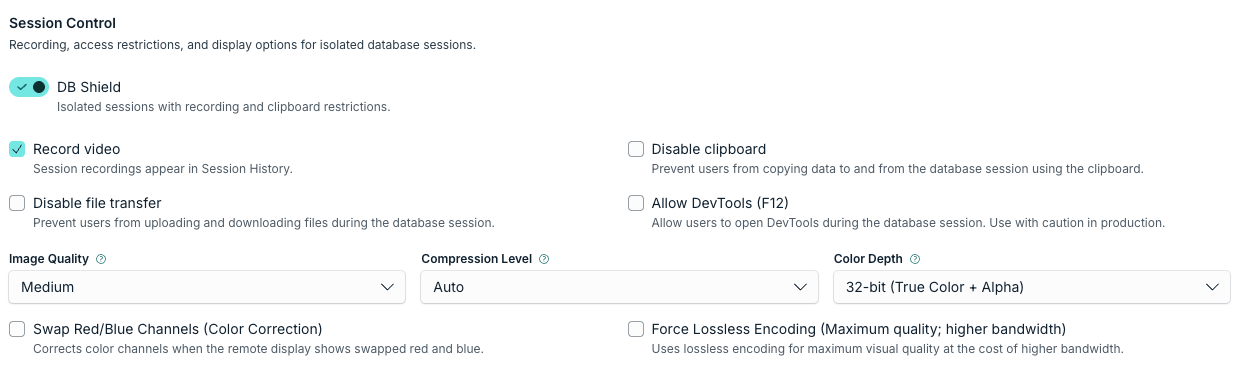 Session Control options including DB Shield