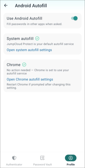 Android Autofill settings in JumpCloud Protect