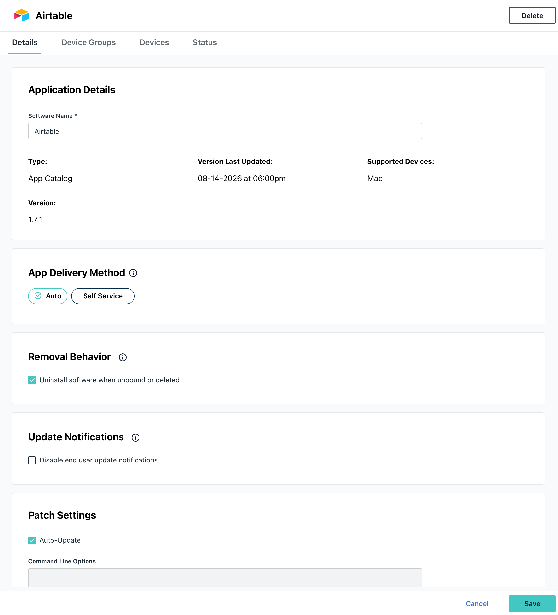 JumpCloud Application Details screen for Airtable, showing app delivery method, removal behavior, Update Notifications, and patch settings.