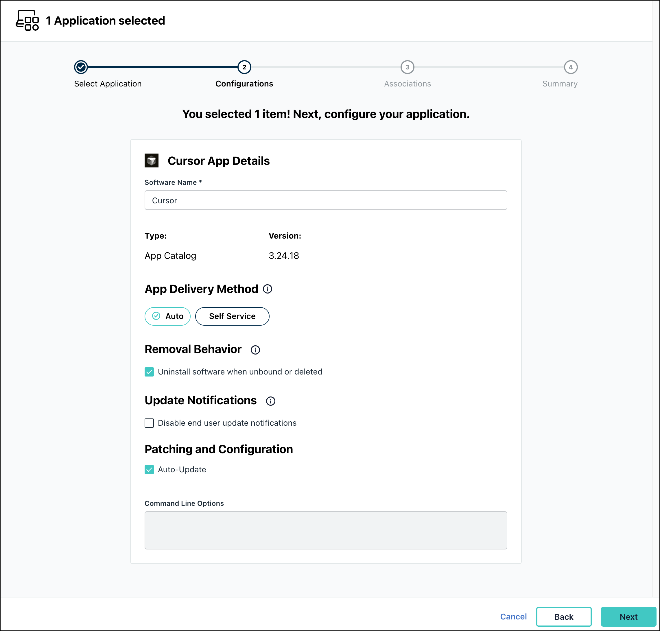 App Catalog configuration for Cursor showing app delivery method, removal behavior, Update Notifications, and patching settings.