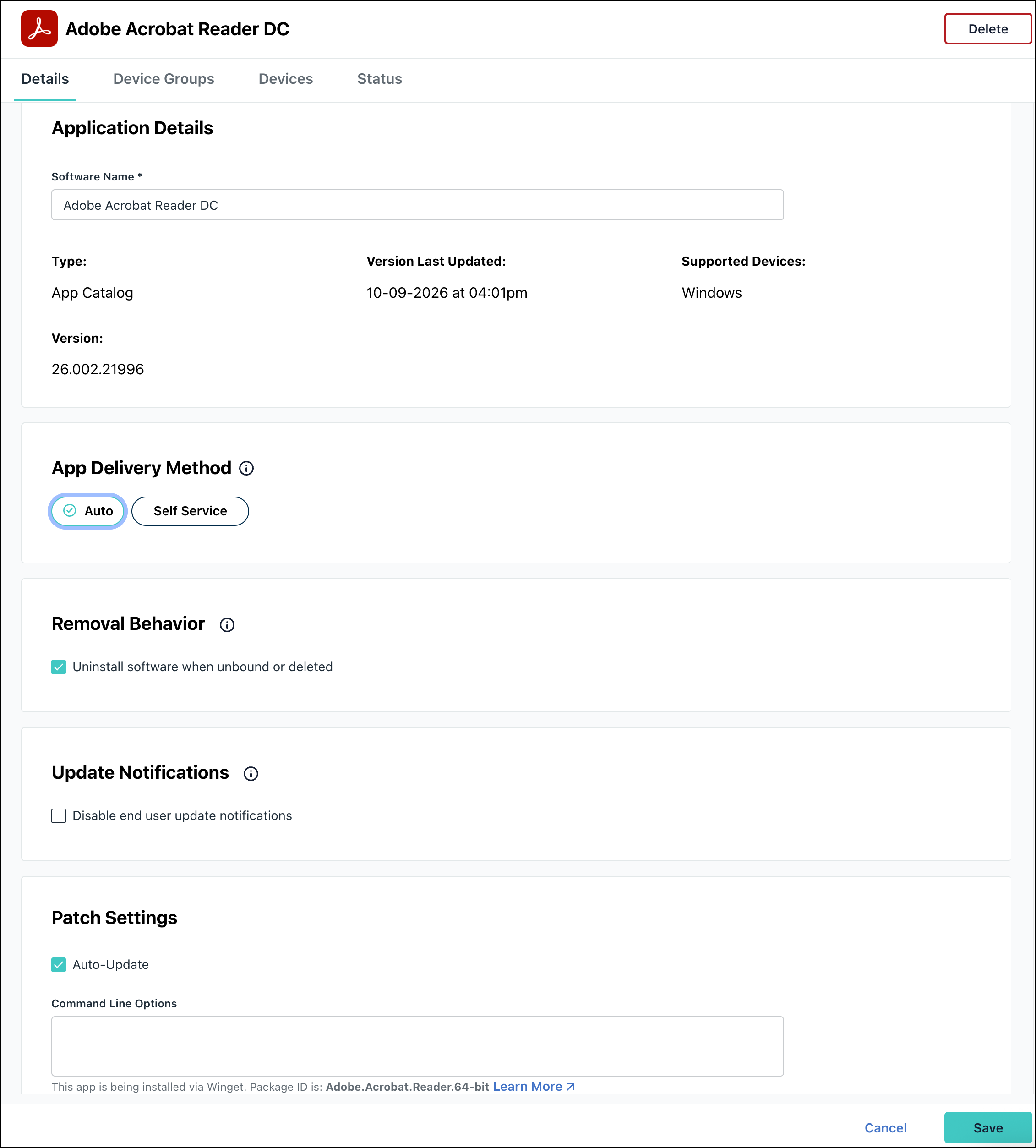 Detailed view of Adobe Acrobat Reader DC in the JumpCloud Admin Portal showing app delivery method, removal behavior, Update Notifications, and patch settings.