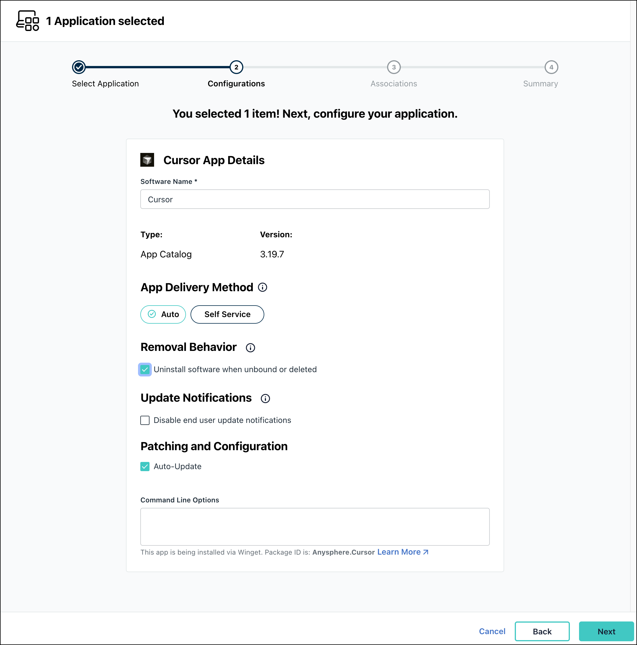 App Catalog configuration for Cursor showing app delivery method, removal behavior, Update Notifications, and patching settings.